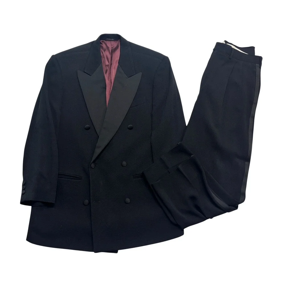 vtg Gianfranco Ferre 42R 36x30 Black Tuxedo Suit Double Breasted Italy Pleated